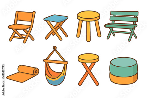 Children's Folding Furniture Icons. Flat vector mini-illustrations Collapsible seating in colors children’s illustrations: folding