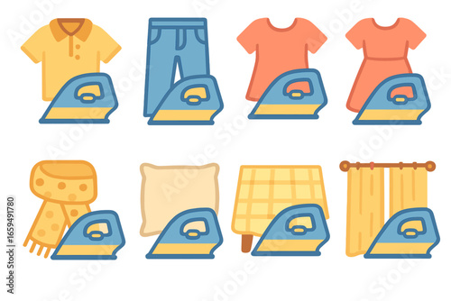 Children's Laundry Icons. Flat vector mini-illustrations ironing clothes in colors children's illustrations: shirts, pants,