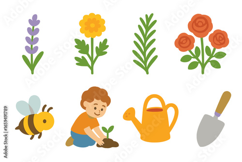 Children's Garden Icons. Flat vector mini-illustrations companion plants with roses in colors children's illustrations: lavender
