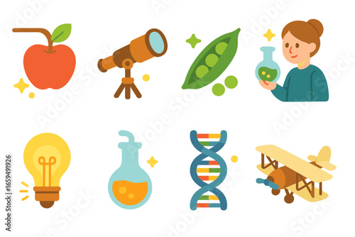 Famous Science Experiments Icons. Flat vector mini-illustrations famous experiments in colors children's illustrations: Newton’s