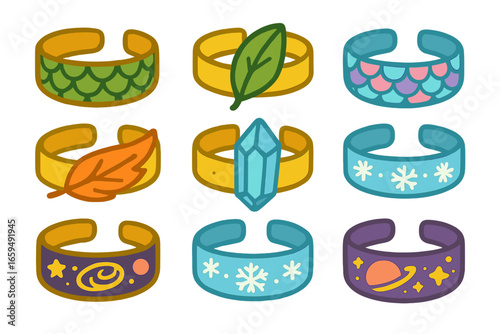 Fantasy Bracelets Collection. Flat vector mini-illustrations fantasy theme bracelets in colors children's illustrations: dragon