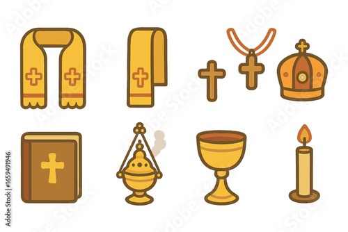 Children's Liturgical Icons. Flat vector mini-illustrations epitrachelion in colors children's illustrations: epitrachelion,
