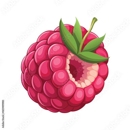 Ripe raspberry with green leaves on white background Keywords: raspberry, berry, fruit, food