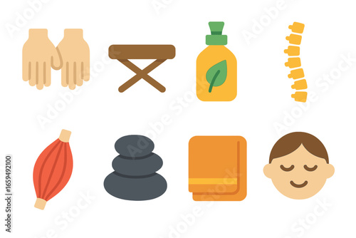 Children's Massage Icons. Flat vector mini-illustrations Massage therapy in colors children's illustrations: hands, massage table,