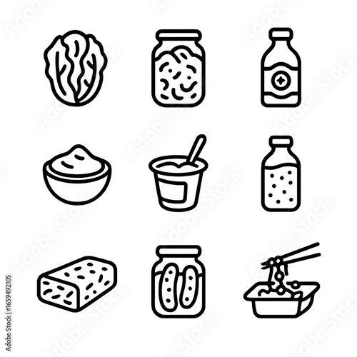 Fermented Foods Icons. Outline icon set of fermented foods: kimchi, sauerkraut, kombucha, miso, yogurt, kefir, tempeh, pickles,