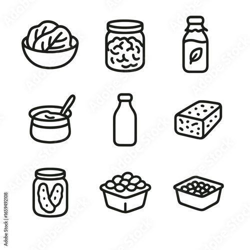 Fermented Foods Icons. Outline icon set of fermented foods: kimchi, sauerkraut, kombucha, miso, yogurt, kefir, tempeh, pickles,