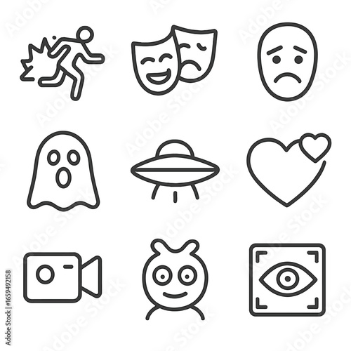 Film Genre Icons. Outline icon set of film genres: action, comedy, drama, horror, sci-fi, romance, documentary, animation,