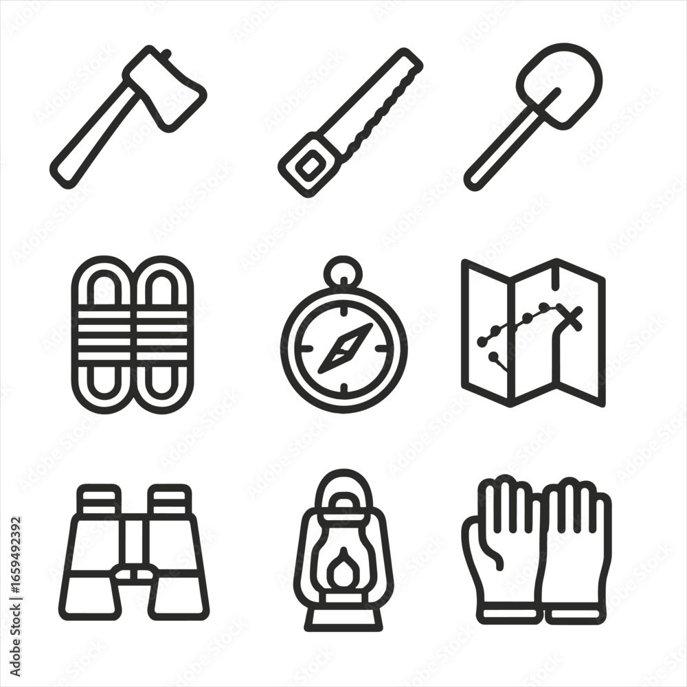 Fototapeta premium Forest Tools Icons. Outline icon set of forest tools: axe, saw, shovel, ropes, compass, map, binoculars, lantern, gloves. Line