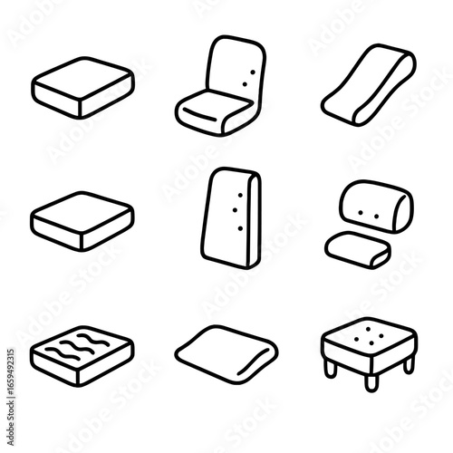 Foam Furniture Icons. Outline icon set of foam furniture: sofa cushion, chair padding, armrest foam, seat cushion, backrest foam,
