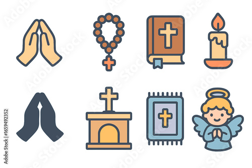 Children's Prayer Icons. Flat vector mini-illustrations prayer in colors children's illustrations: praying hands, rosary beads,
