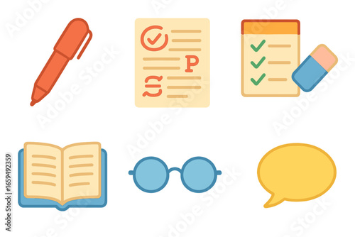 Children's Proofreading Tools. Flat vector mini-illustrations proofreading margin in colors children's illustrations: red pen,