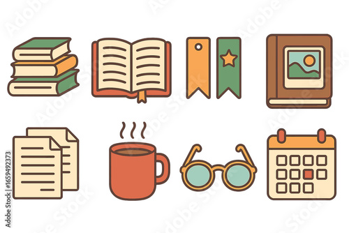 Children's Reading Corner. Flat vector mini-illustrations memoir collection in colors children's illustrations: stacked books,