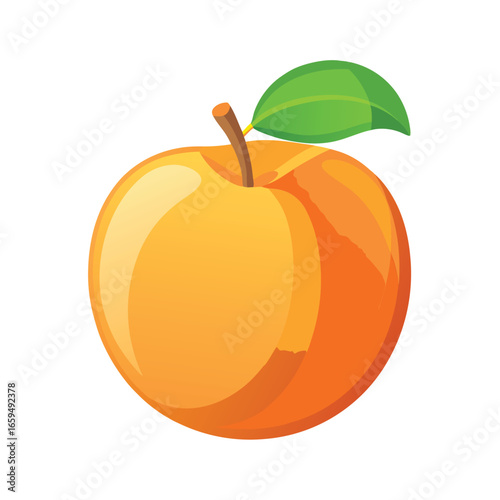 Single ripe orange peach with green leaf on white background
