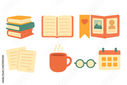 Children's Reading Corner. Flat vector mini-illustrations memoir collection in colors children's illustrations: stacked books,
