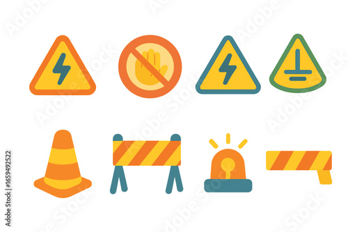 Children's Safety Icons. Flat vector mini-illustrations high voltage warning signs in colors children's illustrations: danger sign