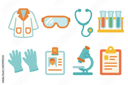 Children's Science Icons. Flat vector mini-illustrations lab coat in colors children's illustrations: white lab coat, safety