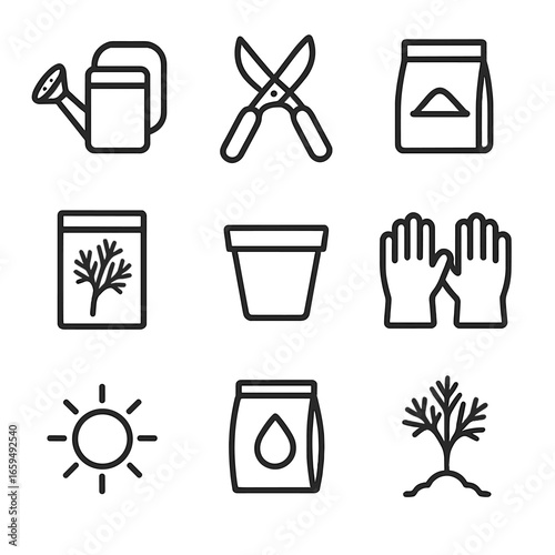 Gardening Tools Icons. Outline icon set of dill gardening tools: watering can, pruning scissors, soil bag, seed packet, plant pot,