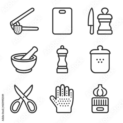 Garlic Kitchen Tool Icons. Outline icon set of garlic kitchen tools: garlic crusher, chopping board, chef knife, mortar and pestle
