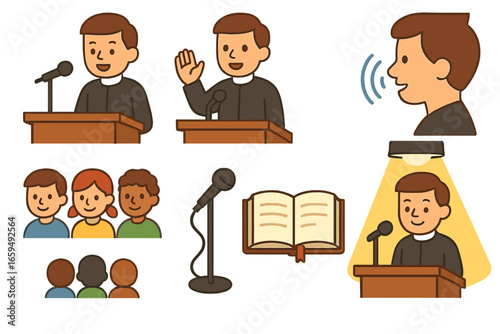 Children's Sermon Icons. Flat vector mini-illustrations sermon delivery in colors children's illustrations: speaking, hand