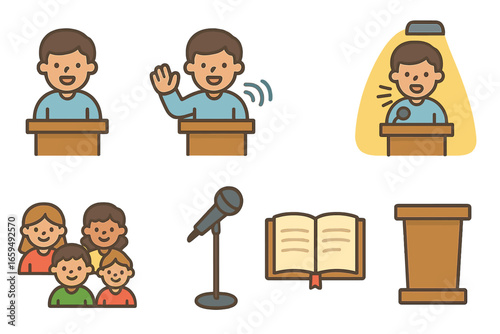 Children's Sermon Icons. Flat vector mini-illustrations sermon delivery in colors children's illustrations: speaking, hand