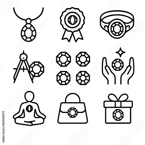 Garnet Icon Collection. Outline icon set of garnet uses: jewelry design, birthstone jewelry, luxury garnet, custom jewelry,