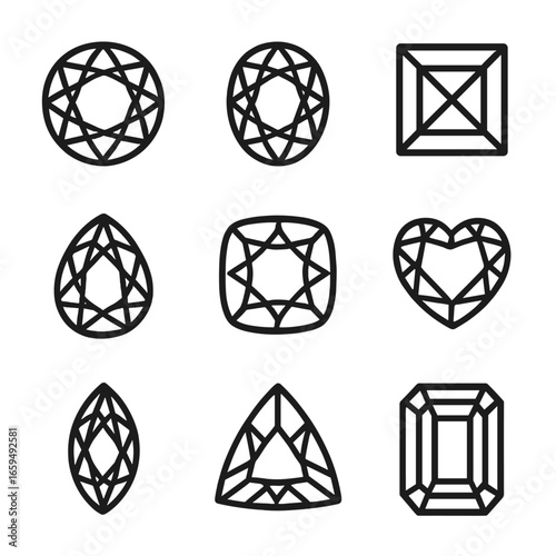 Garnet Shape Icons. Outline icon set of garnet shapes: round garnet, oval garnet, square garnet, pear-shaped garnet, cushion
