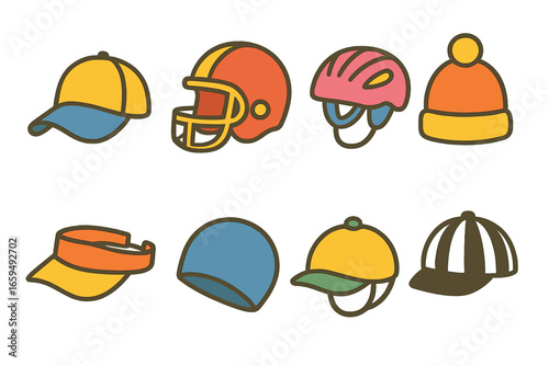 Children's Sports Hats. Flat vector mini-illustrations sports hats in colors children's illustrations: baseball cap, football