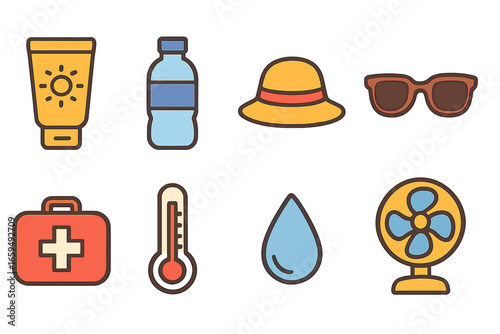 Children's Summer Safety Icons. Flat vector mini-illustrations heat and safety in colors children's illustrations: sunblock, water