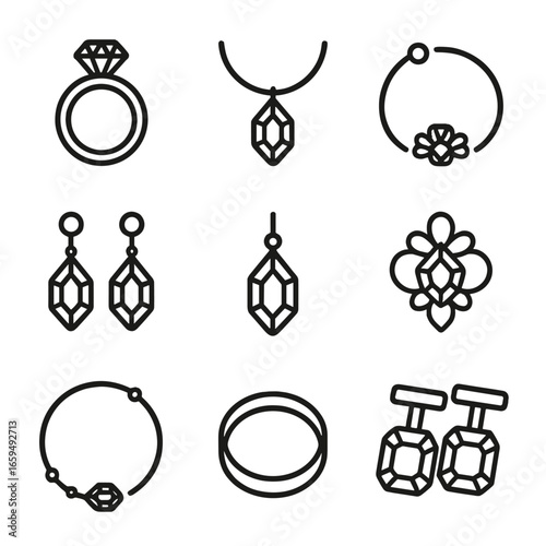 Gemstone Jewelry Icons. Outline icon set of gemstone jewelry: engagement ring, necklace, bracelet, earrings, pendant, brooch,