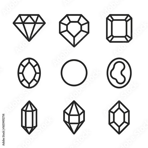Gemstone Icon Set. Outline icon set of gemstones: diamond, ruby, emerald, sapphire, pearl, opal, amethyst, topaz, garnet. [Line