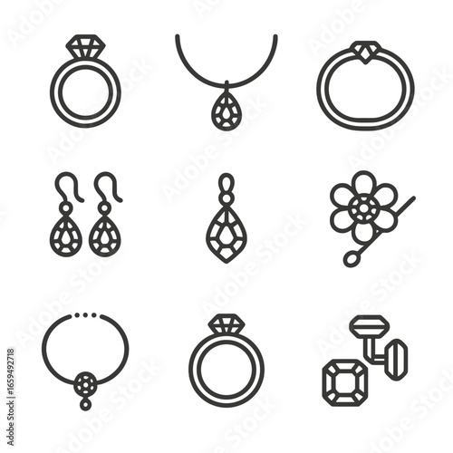 Gemstone Jewelry Icons. Outline icon set of gemstone jewelry: engagement ring, necklace, bracelet, earrings, pendant, brooch,