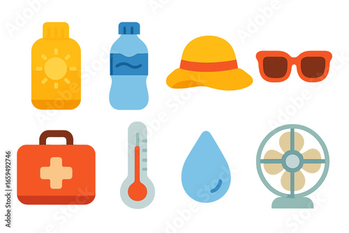 Children's Summer Safety Icons. Flat vector mini-illustrations heat and safety in colors children's illustrations: sunblock, water