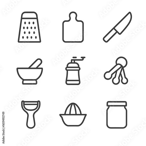 Ginger Kitchen Tool Icons. Outline icon set of ginger kitchen tools: grater, chopping board, chef knife, mortar and pestle, spice