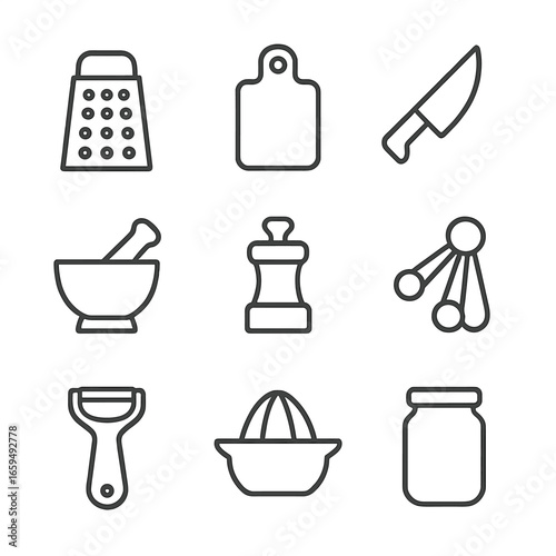 Ginger Kitchen Tool Icons. Outline icon set of ginger kitchen tools: grater, chopping board, chef knife, mortar and pestle, spice