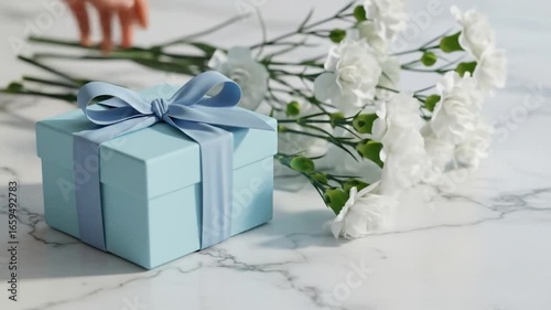 Small blue gift box with ribbon and white carnations on marble surface