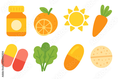 Children's Vitamin Icons. Flat vector mini-illustrations vitamins in colors children's illustrations: vitamin pill bottle, vitamin
