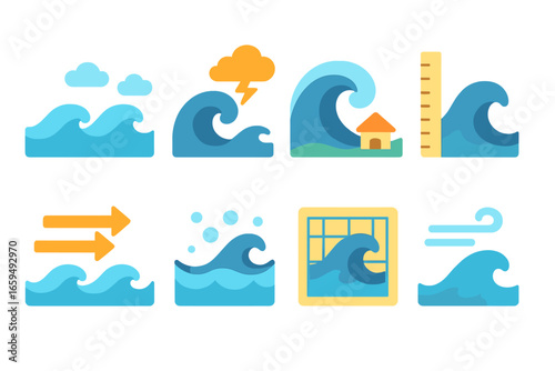Children's Wave Icons. Flat vector mini-illustrations wave weather in colors children's illustrations: ocean swell, storm wave,