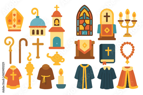 Church Symbols Illustration. Flat vector mini-illustrations Church architecture details in colors children's illustrations: mitre