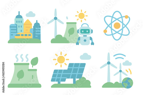 Clean Energy Future. Flat vector mini-illustrations nuclear power and future in colors children's illustrations: futuristic city,
