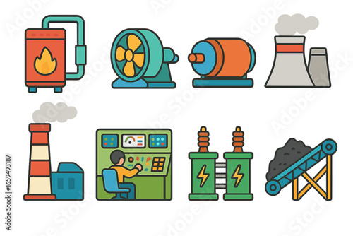 Coal Plant Components. Flat vector mini-illustrations coal power plant components in colors children's illustrations: boiler,