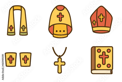 Clergy Garments Icons. Flat vector mini-illustrations church clergy garments in colors children's illustrations: epitrachelion,
