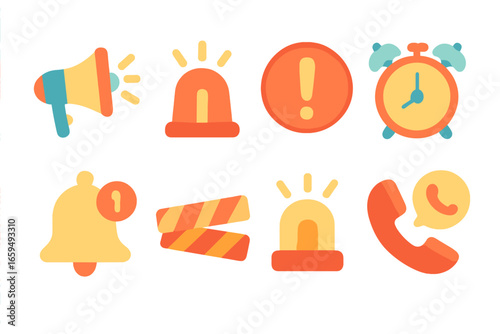 Colorful Alert Icons. Flat vector mini-illustrations general alert icons in colors children's illustrations: megaphone, siren