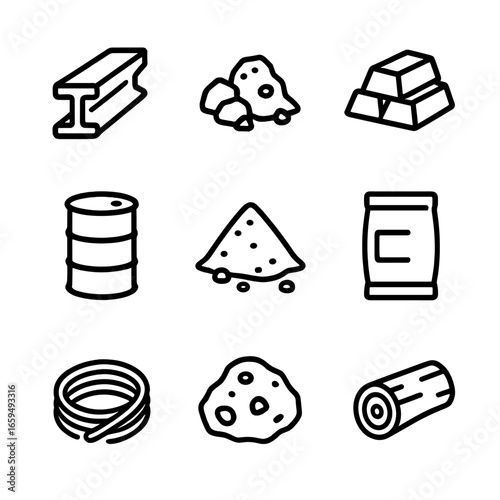 Industrial Material Icons. Outline icon set of industrial raw materials: steel beam, coal pile, metal ingot, oil drum, gravel heap