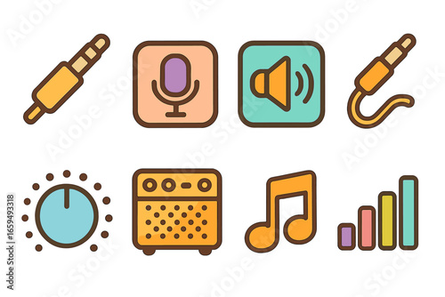 Colorful Audio Connections. Flat vector mini-illustrations audio sockets in colors children's illustrations: headphone jack,
