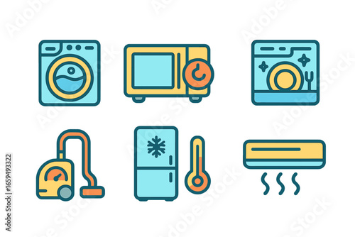 Colorful Appliance Icons. Flat vector mini-illustrations home appliance indicators in colors children's illustrations: washing