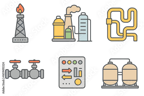 Industrial Icon Grid. Flat vector mini-illustrations industrial distillation in colors children's illustrations: oil refinery