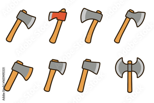 Colorful Axe Illustrations. Flat vector mini-illustrations axe in colors children's illustrations: classic axe, fireman’s axe,