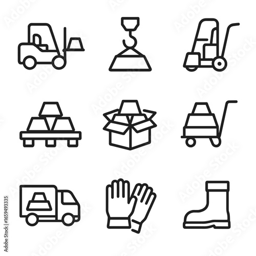 Ingot Handling Icons. Outline icon set of ingot handling: forklift lifting ingot, crane with ingot, hand truck with ingot, pallet