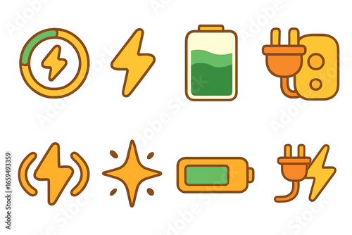 Colorful Battery Icons. Flat vector mini-illustrations charging status in colors children's illustrations: full battery, low