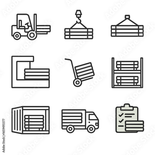 Iron Bar Transport Icons. Outline icon set of iron bar handling and transport: forklift lifting iron bars, crane with iron bars,